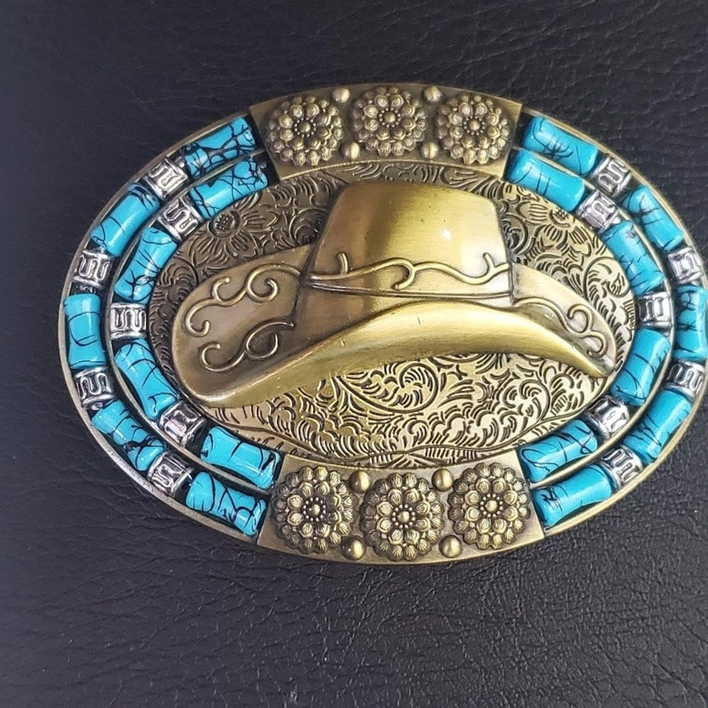 Western Cowboy Hat Belt Buckle Brass Tone Faux Turquoise Stone Floral Engraved